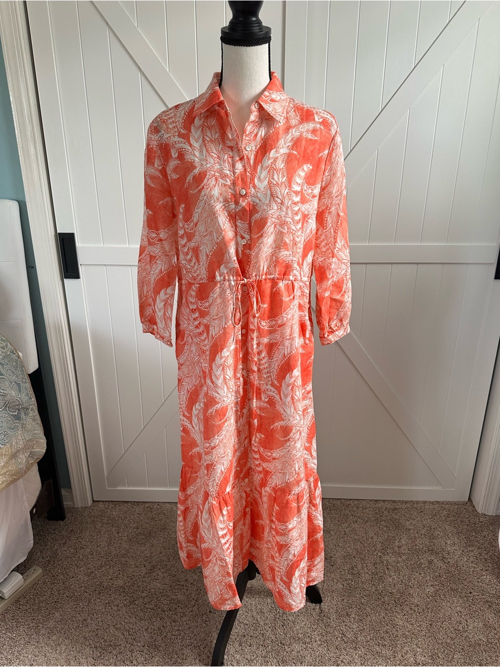 J. McLaughlin Women’s Small Coral White Tropical Print Maxi Shirt Dress